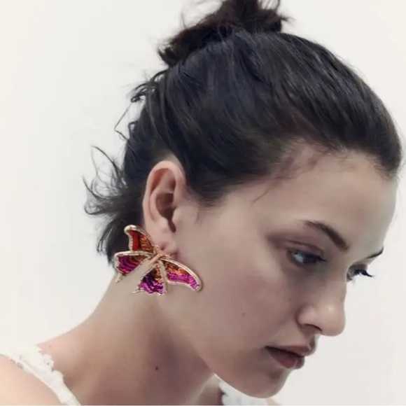 Handmade Colorful Sequin Gold  Butterfly Earrings - Picture 3 of 17